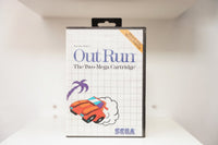 Sega Master System Out Run clamshell case with cartoon red convertible and palm tree, The Two-Mega Cartridge subtitle, Twice The Mega Power banner