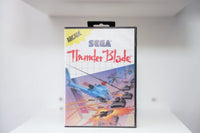 Sega Master System Thunder Blade clamshell case with attack helicopter battling tanks and explosions, yellow Arcade category banner