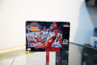 SNES Bill Laimbeer's Combat Basketball box with robotic players battling on futuristic court, Bill Laimbeer portrait, Hudson Soft bee logo