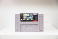 SNES BioMetal grey cartridge with spacecraft battling bio-mechanical alien creature in space, Activision logo, Made in Japan