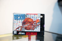 Super Nintendo College Slam box with basketball through hoop surrounded by NCAA college team logos, Acclaim logo, Kids to Adults rating