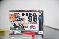 SNES FIFA 96 Soccer box with soccer player in blue jersey dribbling, EA Sports logo, #1 Selling Sports Game seal, appears sealed with $50 sticker