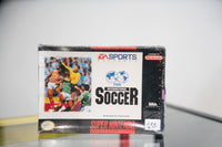SNES FIFA International Soccer box with soccer players competing, FIFA logo, EA Sports, appears sealed in shrink wrap with $50 sticker