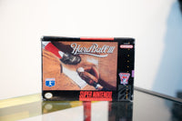 SNES HardBall III box with close-up baseball sliding play at base, cursive title, MLBPA Players logo, appears in shrink wrap