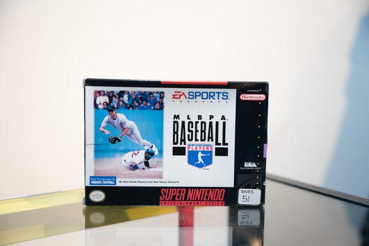 SNES MLBPA Baseball box with sliding play at second base, EA Sports logo, MLBPA shield, From The Designers Of Madden Football callout