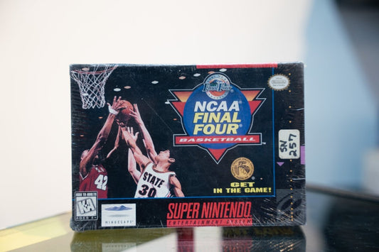 SNES NCAA Final Four Basketball box with two players rebounding, 1995 Final Four Seattle logo, Mindscape, appears sealed in shrink wrap