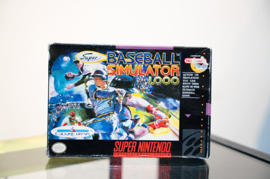 SNES Super Baseball Simulator 1,000 box with illustrated baseball players in action, Culture Brain logo, anime-style artwork
