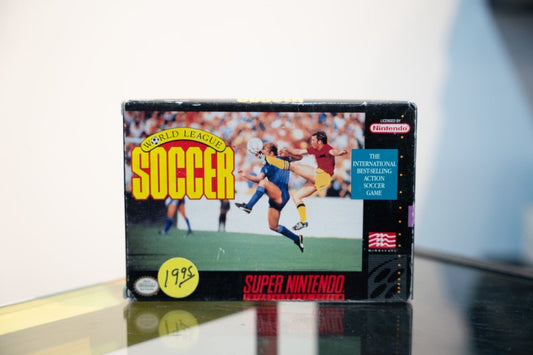 SNES World League Soccer box with soccer players in action, bicycle kick, yellow and red title text, Mindscape logo, $19.95 sticker