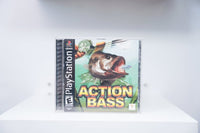PS1 Action Bass CIB jewel case largemouth bass leaping water lure fisherman rod ACTION BASS yellow text Everyone