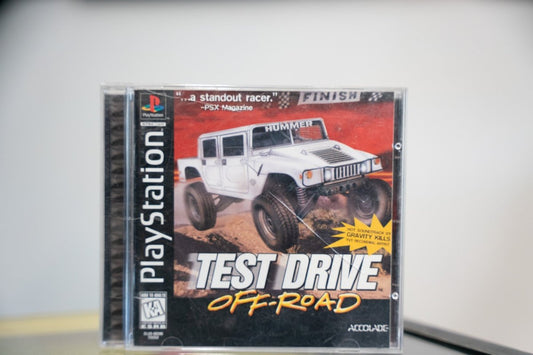 PlayStation Test Drive Off-Road black label jewel case with white Hummer H1 jumping through mud red sky Finish banner yellow title Accolade