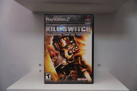 PS2 kill.switch CIB case armored soldier goggles rifle fire explosions KILL SWITCH metallic text Take Cover Take Aim Take Over Namco Teen