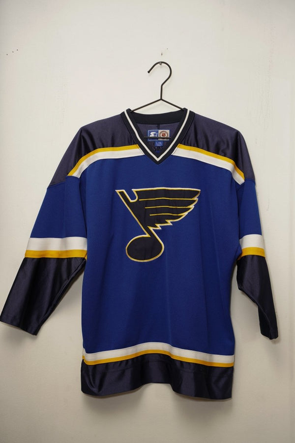 St Louis Blues Starter hockey jersey blue navy gold white Blue Note logo V-neck striped sleeves hem NHL Youth