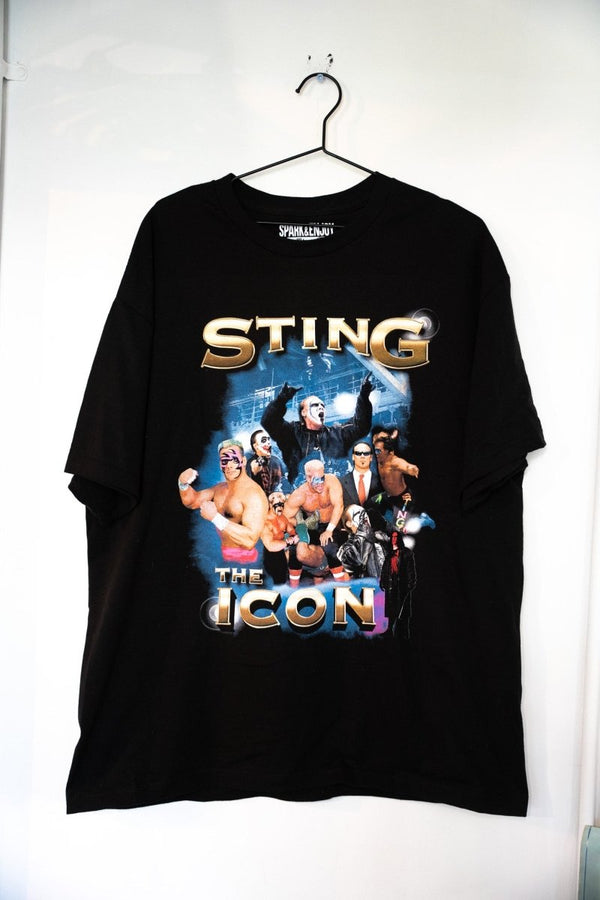 Black Sting The Icon Spark and Enjoy t-shirt with gold STING lettering and career photo collage montage of multiple Sting eras size XL