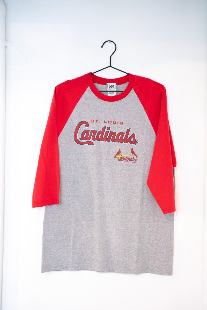 Gray and red St. Louis Cardinals 3/4 sleeve raglan tee red Cardinals script text bird-on-bat logo Lee Sport tag