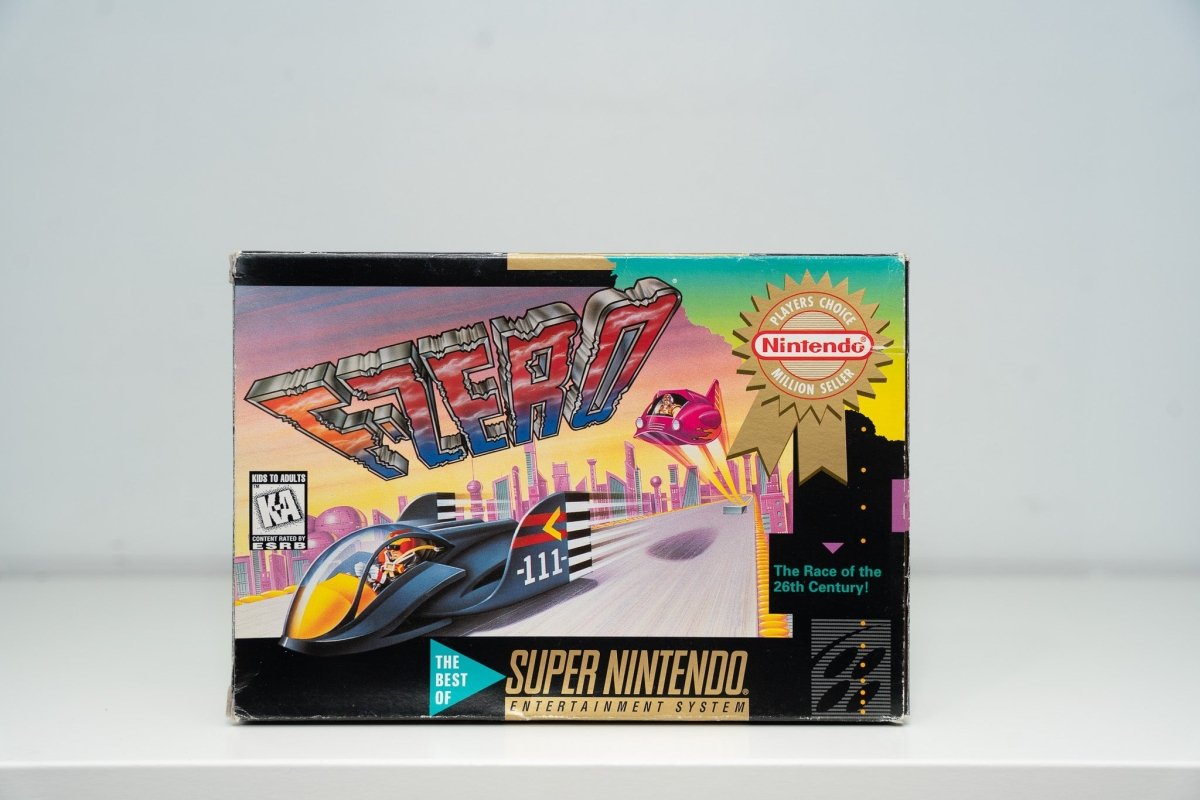Super Nintendo F-Zero Player's Choice box Blue Falcon hovercraft futuristic track sunset cityscape F-ZERO silver text Million Seller Nintendo seal