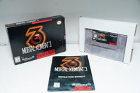 Super Nintendo Mortal Kombat 3 complete in box showing game cartridge, original box, and instruction manual from 1995