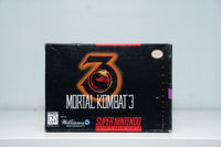 Super Nintendo Mortal Kombat 3 box black background metallic 3 with dragon logo orange gold MORTAL KOMBAT 3 silver text Williams Mature