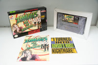 Nintendo Super Nintendo Zombies Ate My Neighbors complete in box, 1990s video game with original packaging and contents displayed
