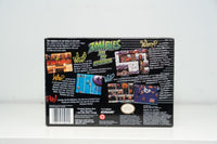Nintendo Super Nintendo Zombies At My Neighbors complete in box with game case, manual, and cartridge visible from above