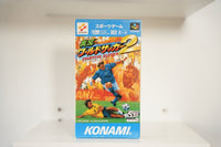 Super Famicom Jikkyou World Soccer 2 Fighting Eleven CIB box blue border soccer players header tackle Jikkyou World Soccer gold text KONAMI
