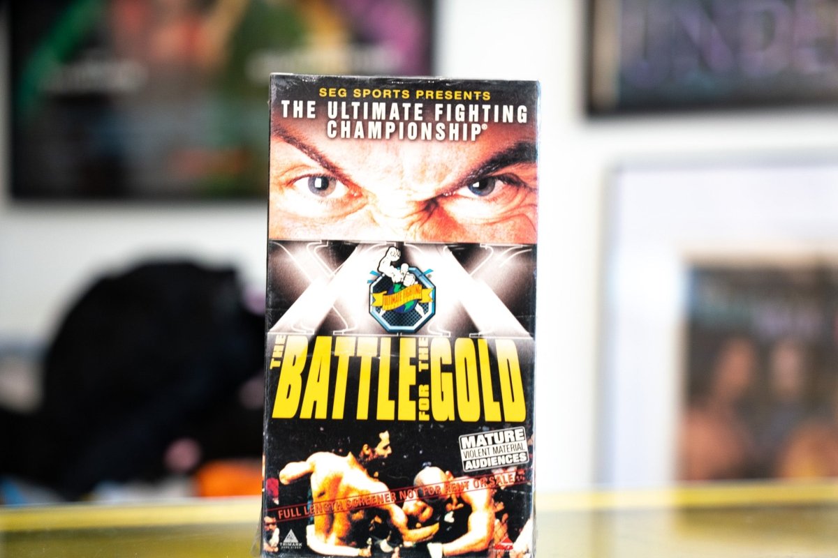 UFC XX The Battle for the Gold VHS with fighter eyes close-up silver XX Roman numerals yellow title lettering and Ultimate Fighting Championship octagon logo