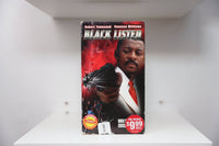 VHS Black Listed red cover Robert Townsend suit red tie pointing gun shattered glass BLACK LISTED silver text Blockbuster Pre-Viewed sticker
