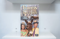 VHS Francis Covers the Big Town colorful cover Francis mule press hat glasses Donald O'Connor woman city street white title text MCA Universal