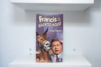 VHS Francis in the Haunted House purple cover Francis the Talking Mule grinning Mickey Rooney shocked gold white title text MCA Universal
