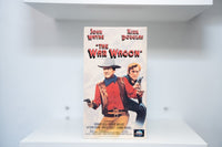 VHS The War Wagon painted cover John Wayne red shirt Kirk Douglas revolvers THE WAR WAGON red black text MCA Universal