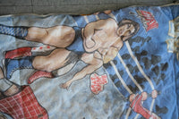 WWF 1980s wrestling comforter featuring Hulk Hogan, Roddy Piper, Junk Yard Dog, and The Sheik printed on blue fabric with broken zipper