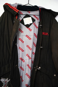 Starter 1991 UNLV Runnin' Rebels "Fireman" parka in red nylon with black stripes, size XL, missing front zipper