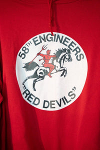 58th Engineers Red Devils military hoodie in heather gray with embroidered chest logo, size XL