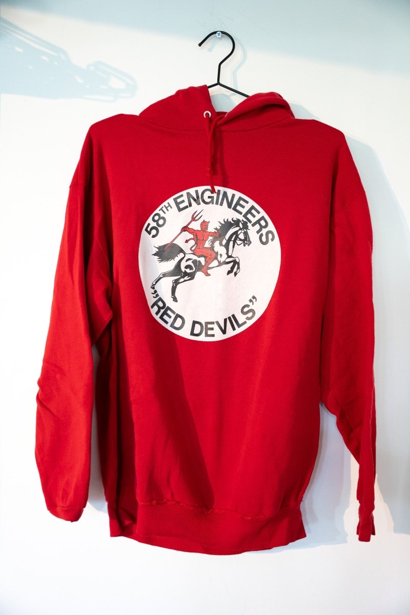 Red vintage 58th Engineers Red Devils pullover hoodie with large circular unit crest red devil on horseback trident mascot graphic size XL