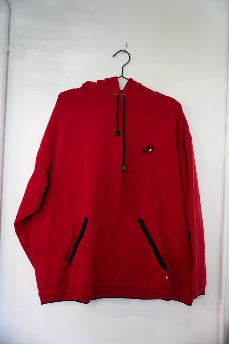 Red vintage Allen Iverson I3 pullover hoodie with embroidered black red I3 logo on left chest black drawstrings and black pocket trim size Large