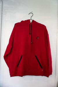 Red vintage Allen Iverson I3 pullover hoodie with embroidered black red I3 logo on left chest black drawstrings and black pocket trim size Large