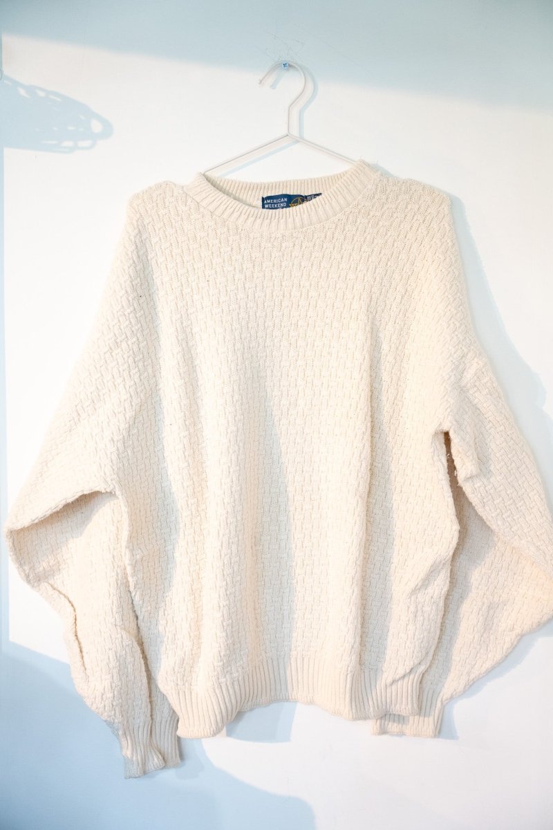 Cream off-white vintage American Weekend crewneck sweater with basketweave textured knit pattern relaxed oversized fit size Large