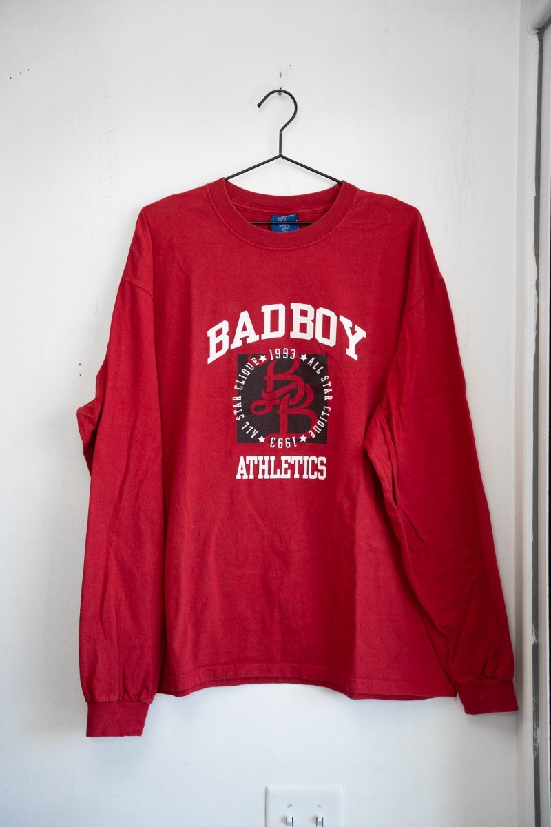 Red vintage Bad Boy Athletics long sleeve tee white BADBOY arched text BB monogram logo ALL STAR CLIQUE 1993 ATHLETICS white text
