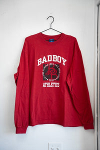Red vintage Bad Boy Athletics long sleeve tee white BADBOY arched text BB monogram logo ALL STAR CLIQUE 1993 ATHLETICS white text