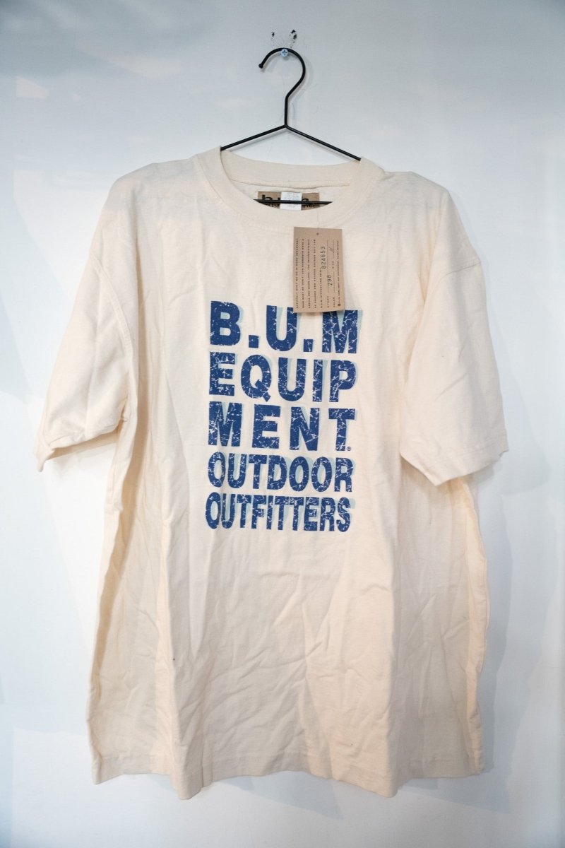 B.U.M Equipment outdoor outfitters shirt with navy blue body and contrasting sleeves, featuring embroidered logo on chest