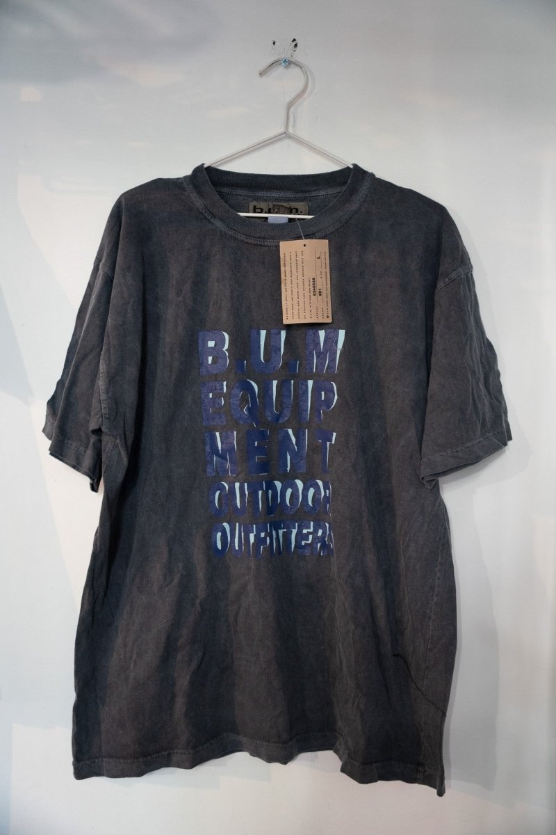 B.U.M. Equipment Outdoor Outfitters shirt in large size, featuring printed graphics on front and visible wear from vintage use