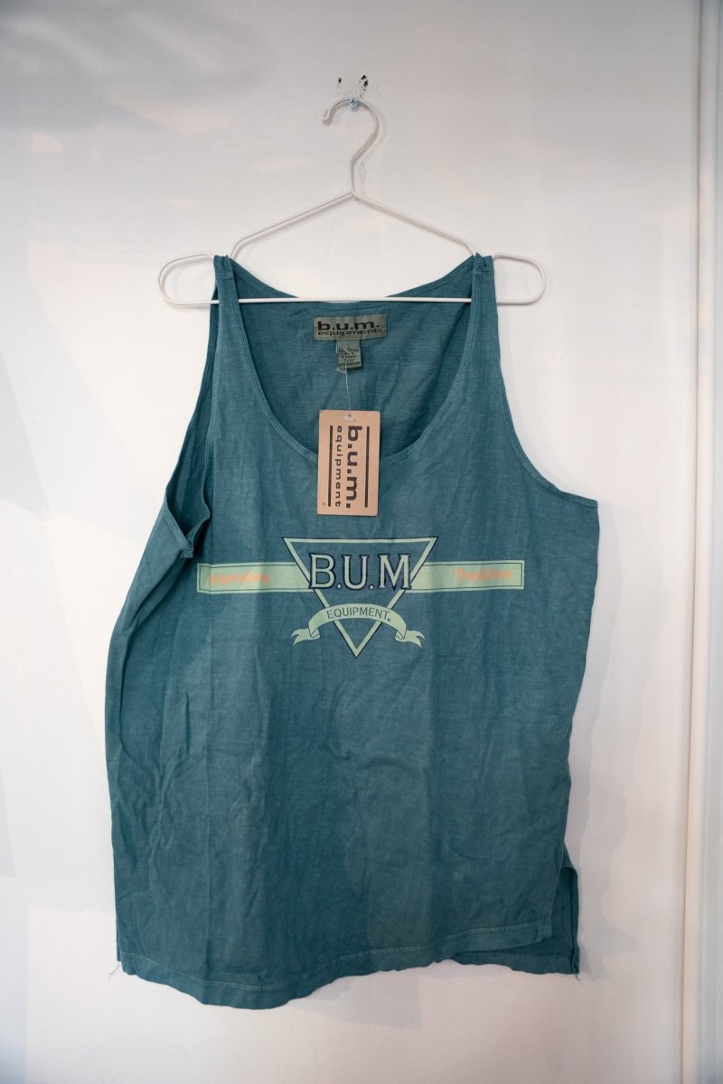 B.U.M Equipment tank top shirt in size large, featuring ribbed neckline and armholes with printed branding across chest