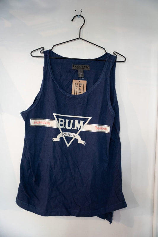 B.U.M. Equipment tank top shirt in medium size, featuring the brand's classic logo on front, displayed flat against neutral background