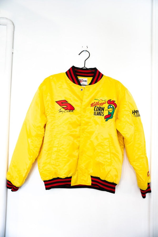 Yellow vintage Chase Authentics NASCAR Terry Labonte number 5 Kellogg's Corn Flakes satin bomber jacket with rooster logo and red black trim