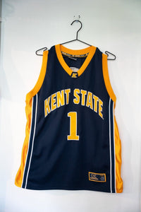 Colosseum Athletics Kent State basketball jersey in large size, navy blue with gold lettering and sleeve stripes, displayed flat