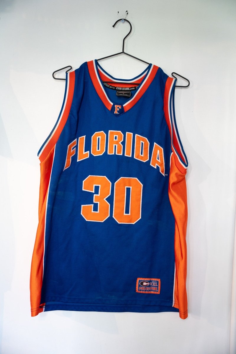 Colosseum Athletics University of Florida Gators college basketball jersey in large size, orange and blue team colors with printed graphics on front