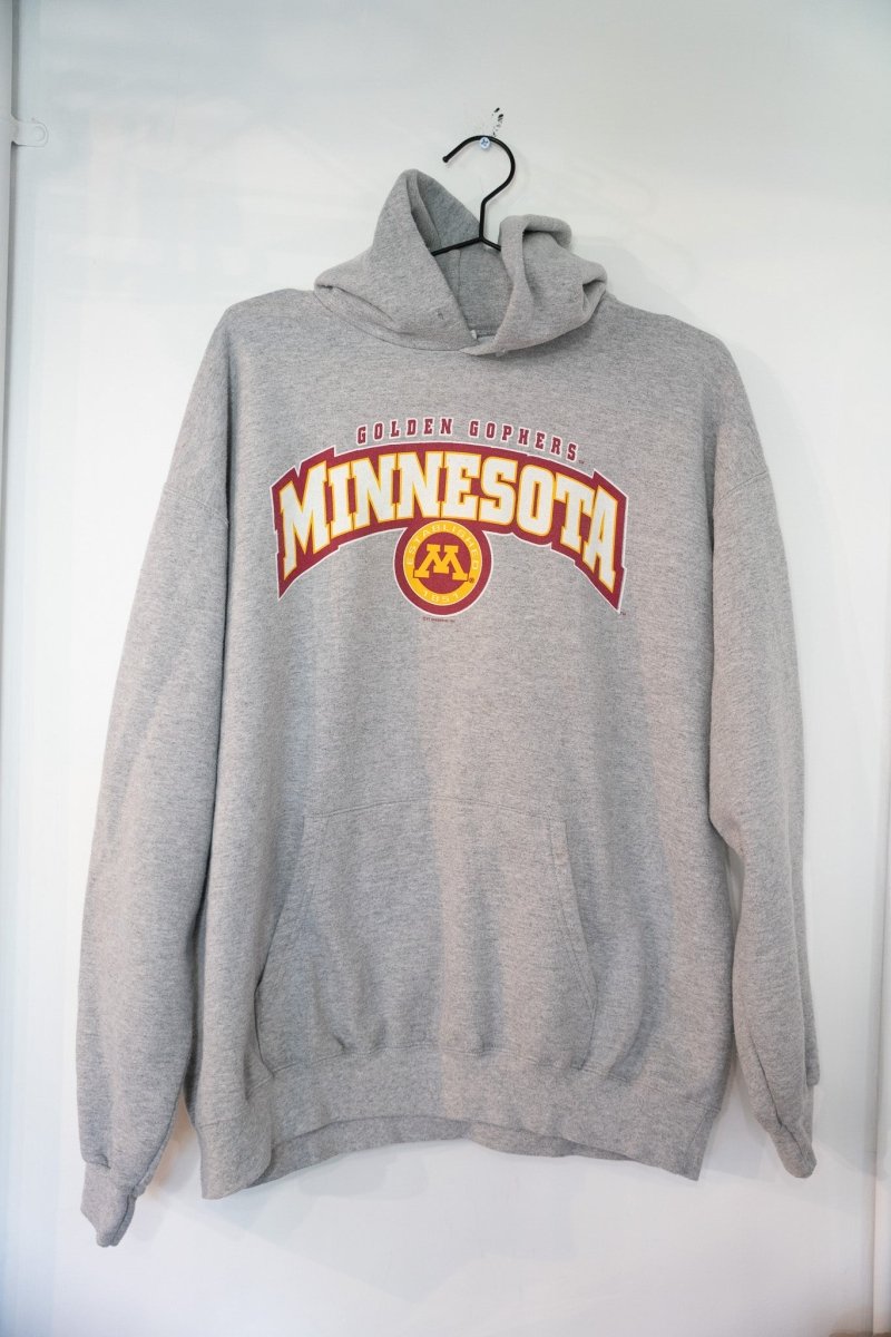 Heather gray vintage CSA Minnesota Golden Gophers pullover hoodie with maroon GOLDEN GOPHERS text large arched MINNESOTA lettering and gold M seal size XL