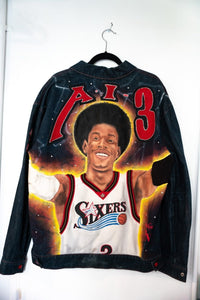 Custom denim jacket with Allen Iverson graphics and embroidery on back, vintage hip-hop streetwear style, size XL