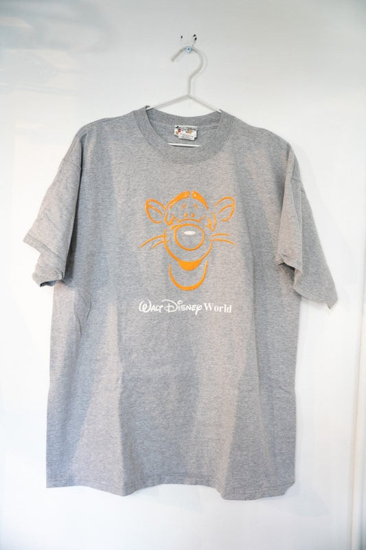Heather gray vintage Walt Disney World Tigger shirt with minimalist orange line drawing of Tigger face and white Walt Disney World script