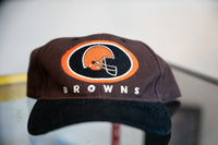 Brown vintage Drew Pearson Cleveland Browns snapback hat with embroidered orange helmet logo in black oval white BROWNS lettering and black brim