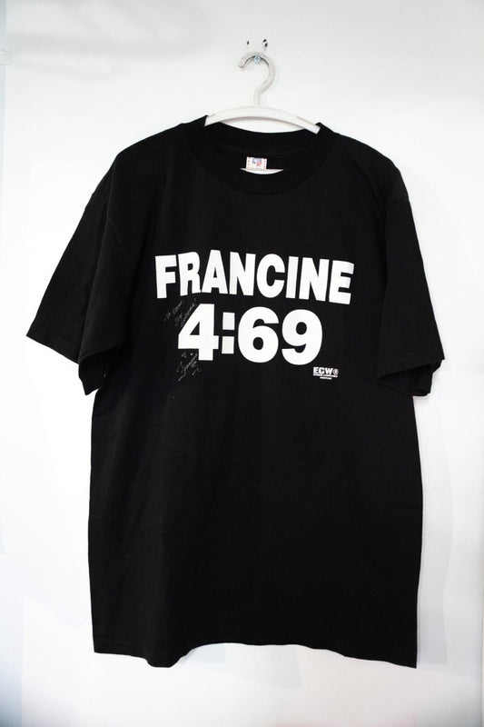 Black vintage ECW Francine 4:69 autographed shirt with white block lettering and silver ink autograph on front